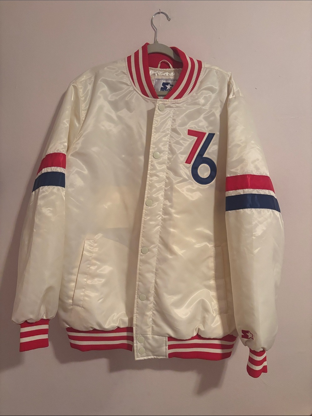 76ers STARTER Cream Satin Varsity Jacket with Red & Blue Accents